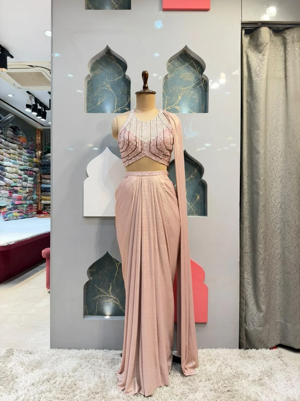 "BLUSH PINK SEQUIN DRAPED INDO-WESTERN"