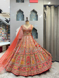 "CORAL MULTICOLOUR HERITAGE EMBROIDERED LEHENGA"