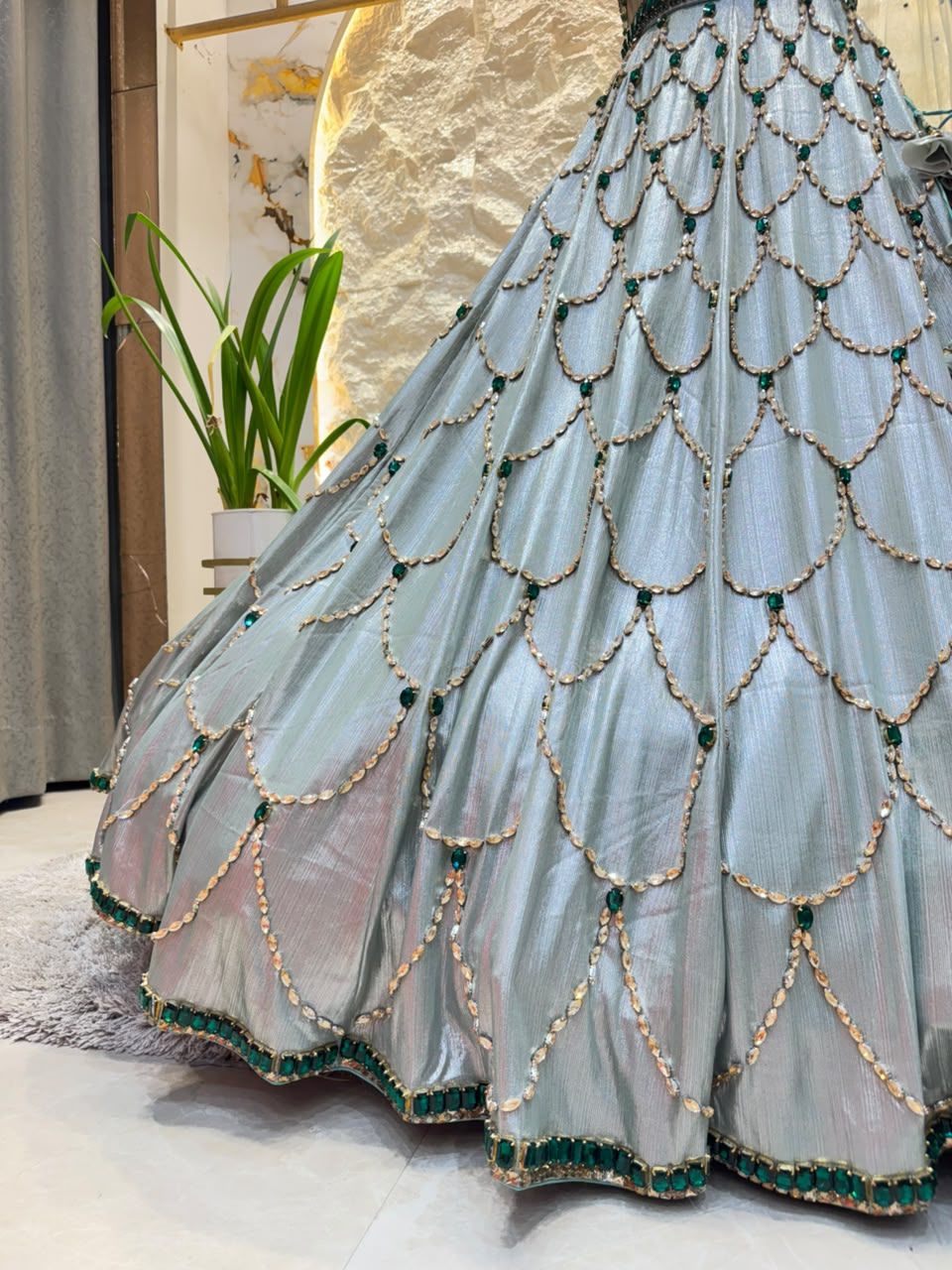 "ICY BLUE & EMERALD GREEN SCAPPLOPED LEHENGA"