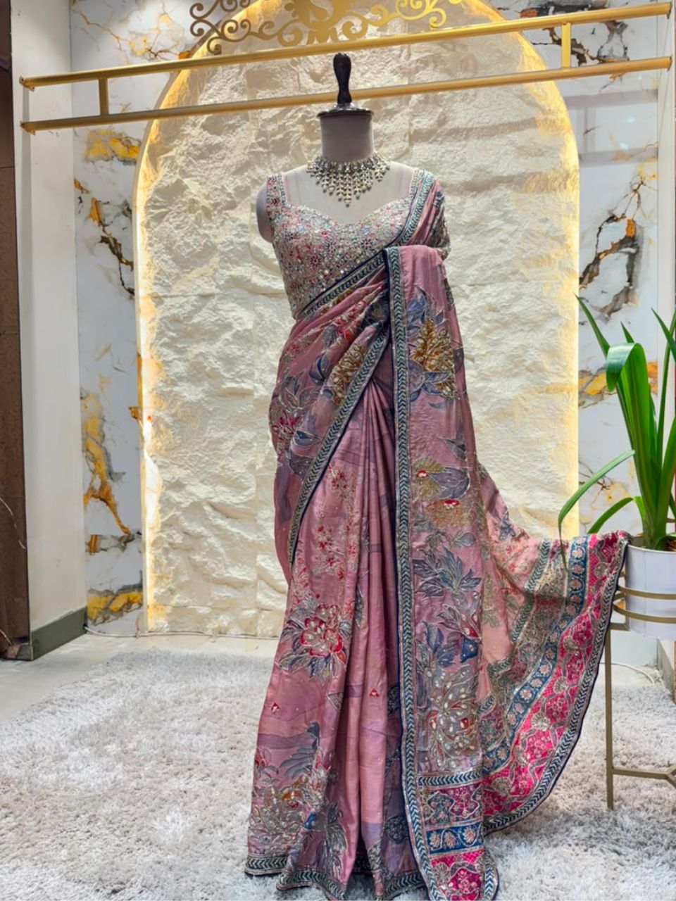 "ROSEWOOD MAUVE FLORAL EMBROIDERED SAREE"