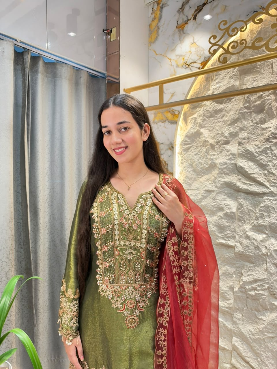 "ELEGANT OLIVE GREEN EMBROIDERED SUIT"