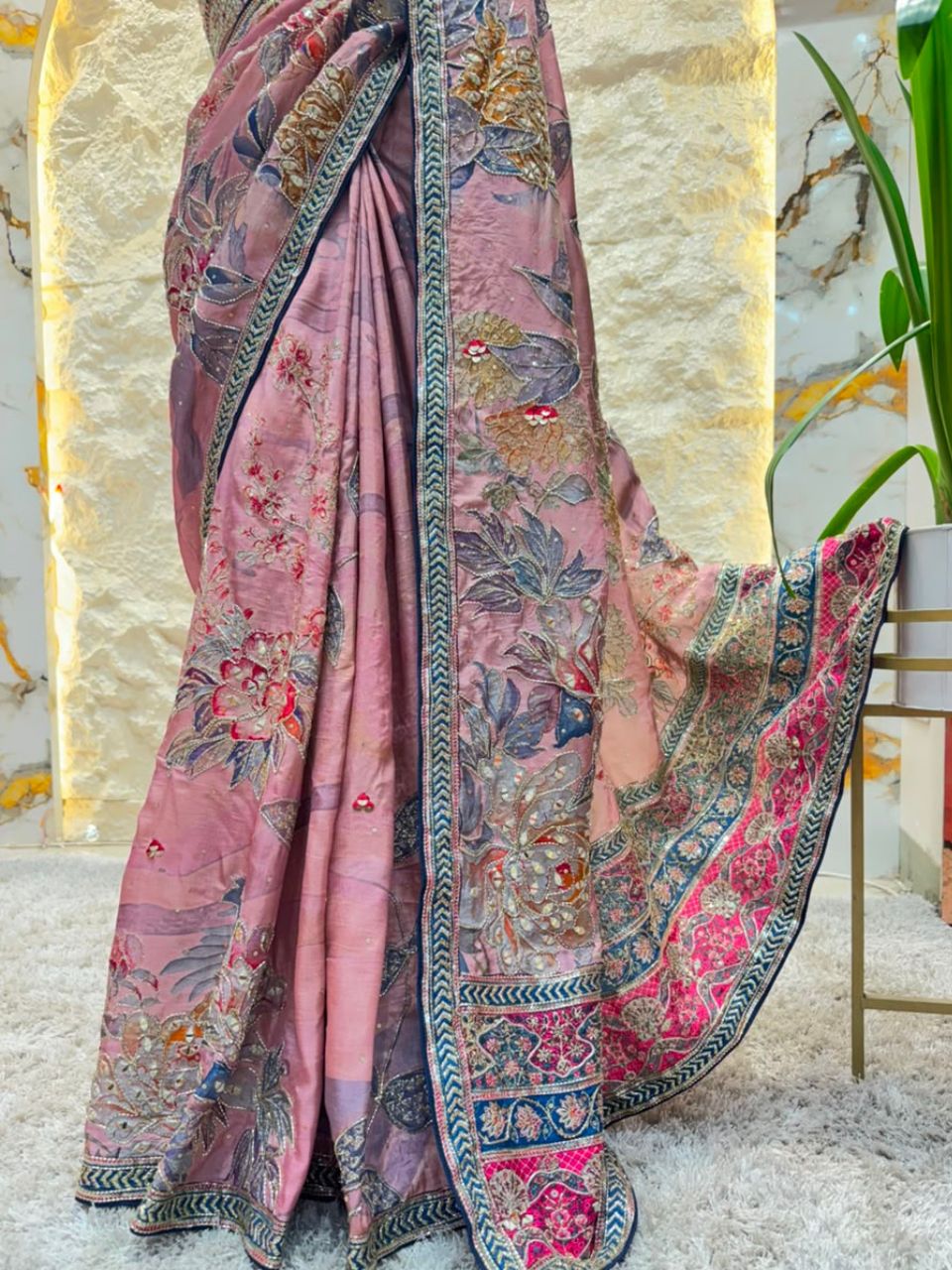 "ROSEWOOD MAUVE FLORAL EMBROIDERED SAREE"