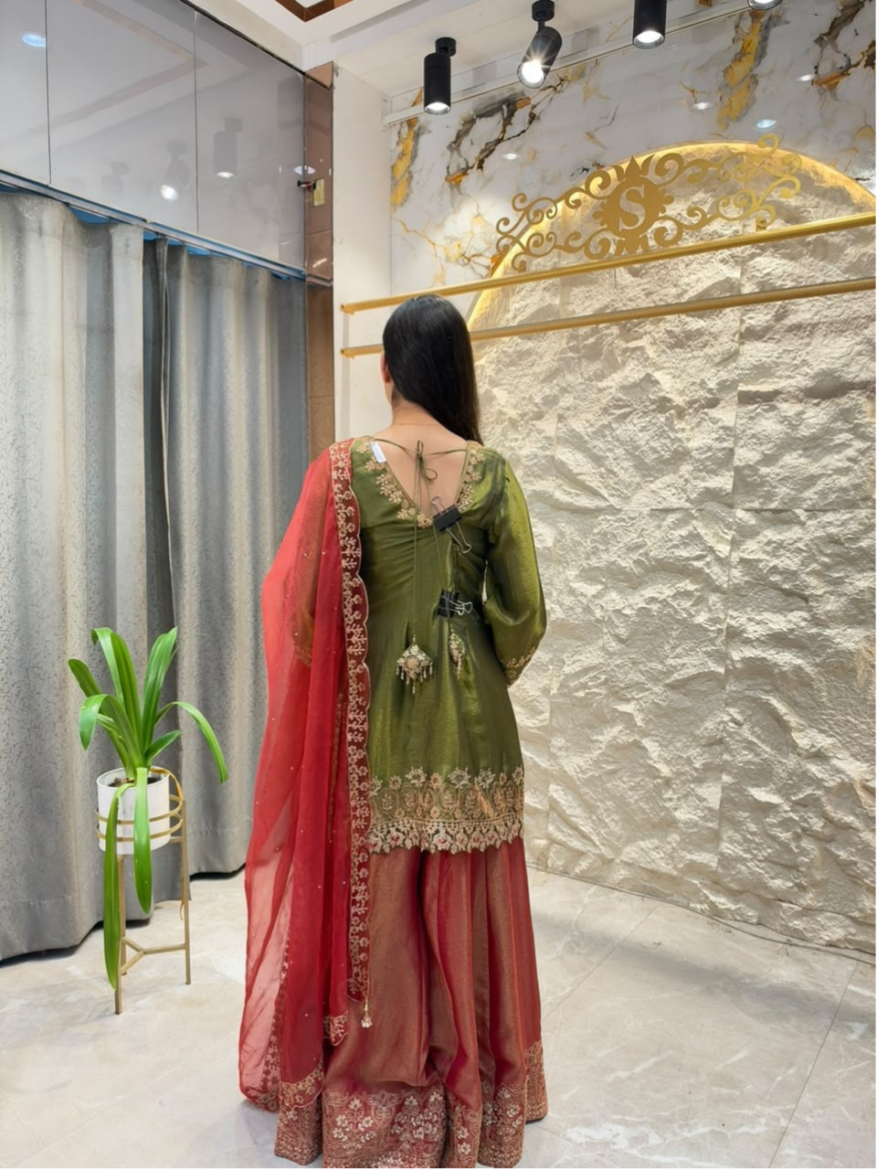 "ELEGANT OLIVE GREEN EMBROIDERED SUIT"