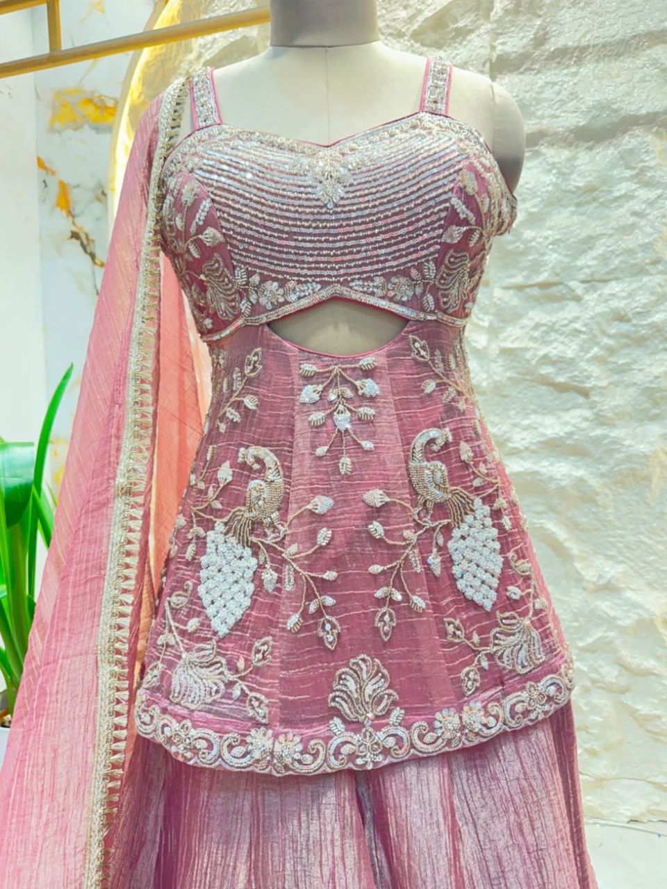 "BLUSH PINK EMBROIDERED PEPLUM SHARARA"