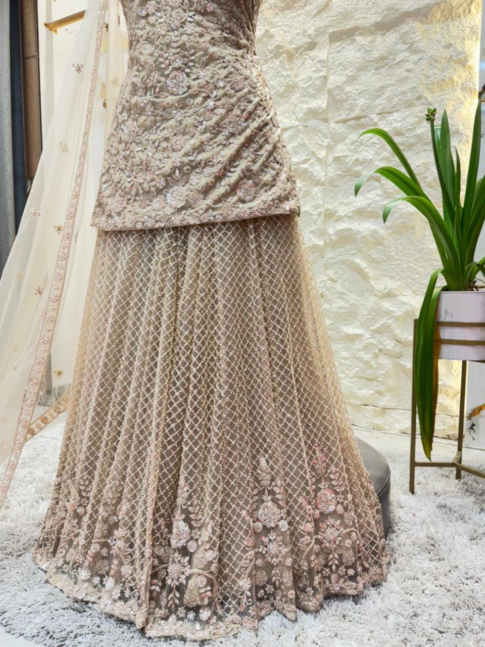 "ANTIQUE ROSE GOLD FLORAL EMBROIDERED SHARARA"
