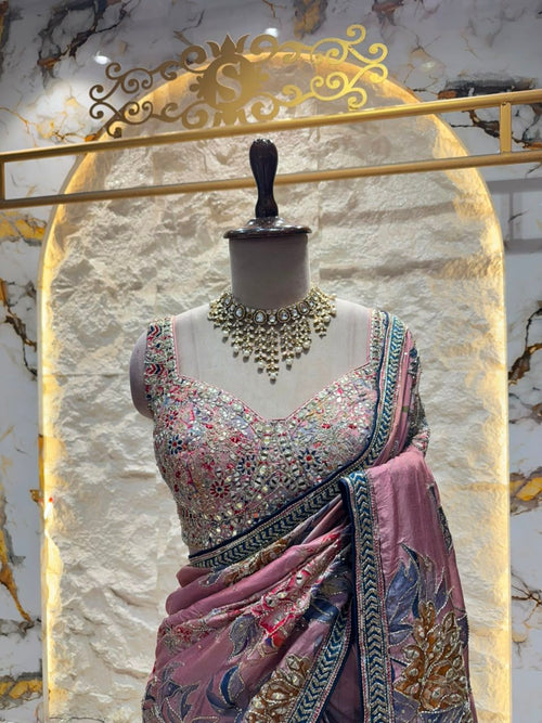 "ROSEWOOD MAUVE FLORAL EMBROIDERED SAREE"
