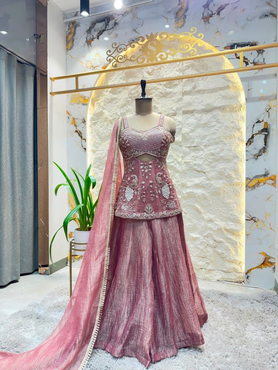 "BLUSH PINK EMBROIDERED PEPLUM SHARARA"
