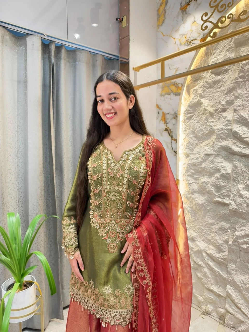 "ELEGANT OLIVE GREEN EMBROIDERED SUIT"