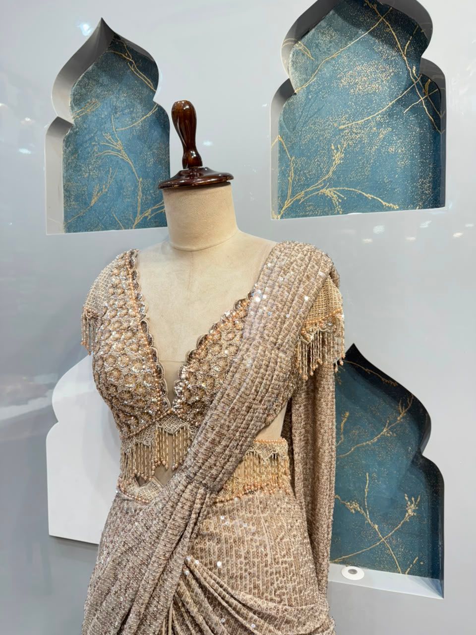 "CHAMPAGNE PEARL DRAPE SAREE"