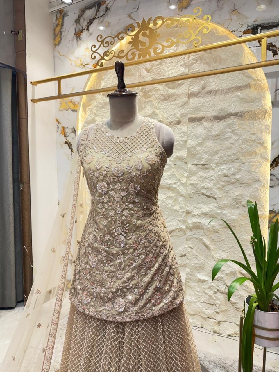 "ANTIQUE ROSE GOLD FLORAL EMBROIDERED SHARARA"