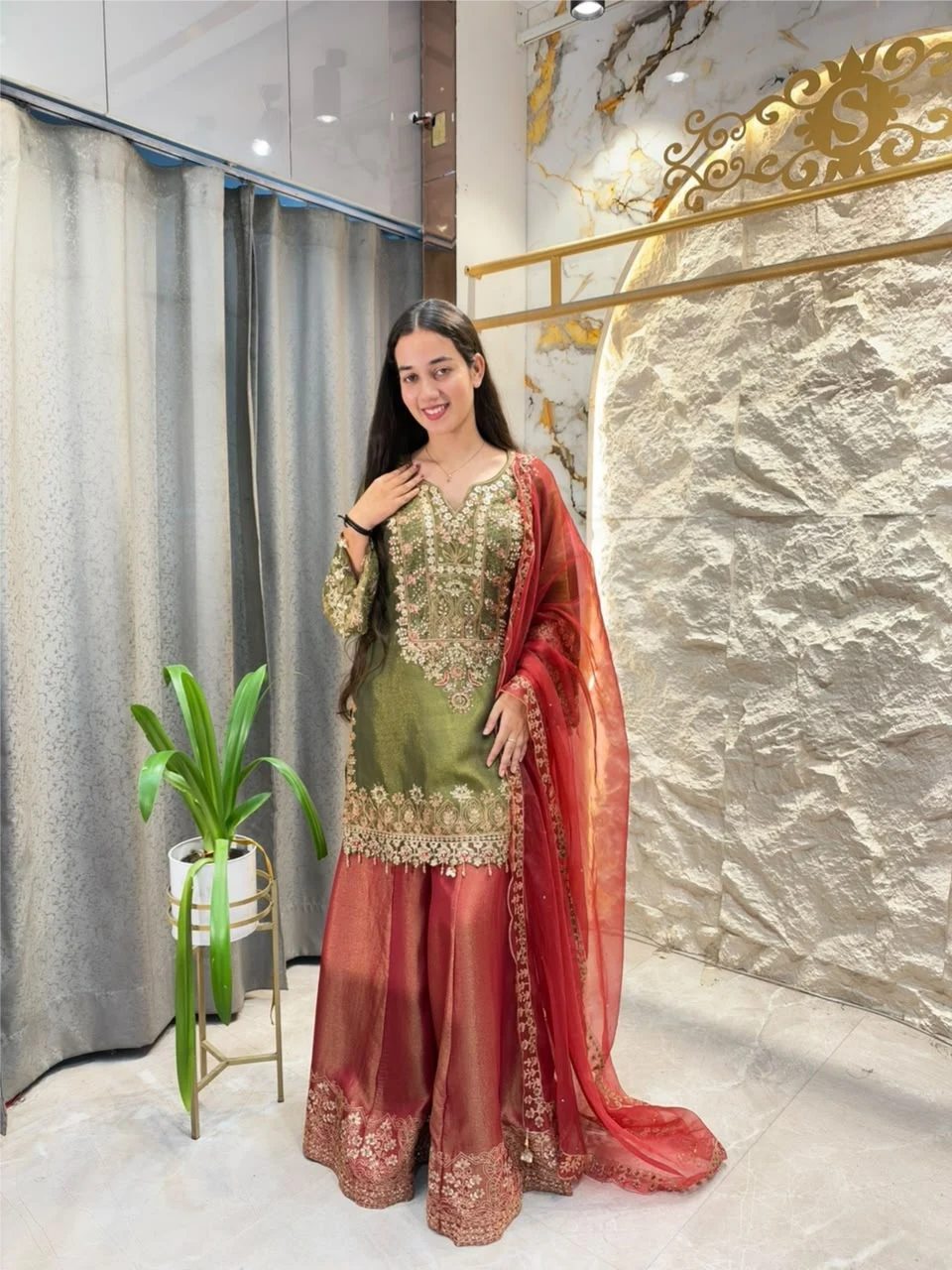 "ELEGANT OLIVE GREEN EMBROIDERED SUIT"