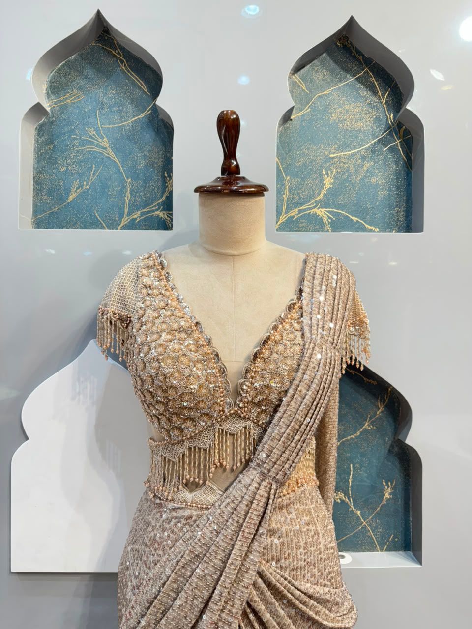 "CHAMPAGNE PEARL DRAPE SAREE"