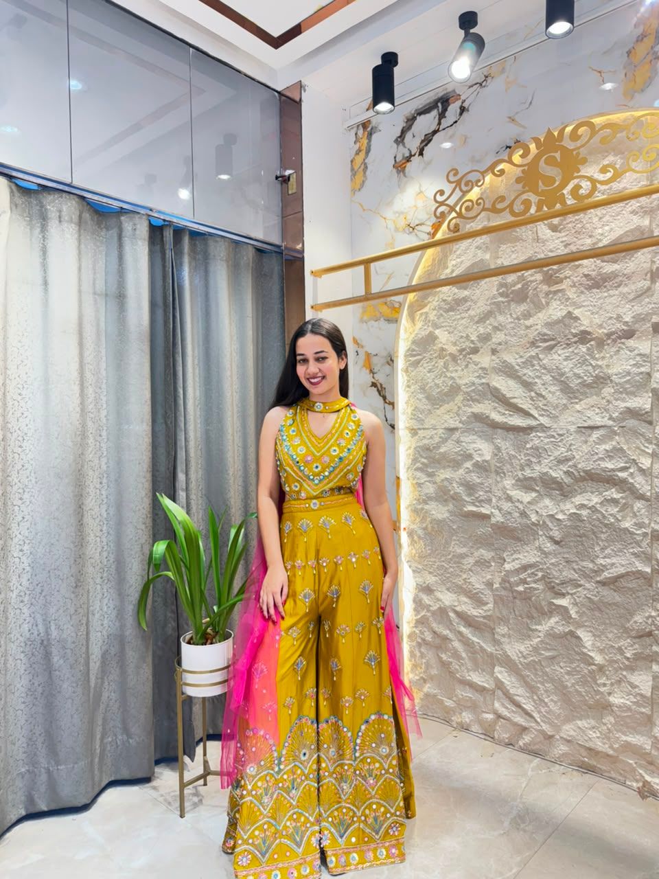 "MUSTARD YELLOW PEACOCK EMBROIDERED INDO-WESTERN"
