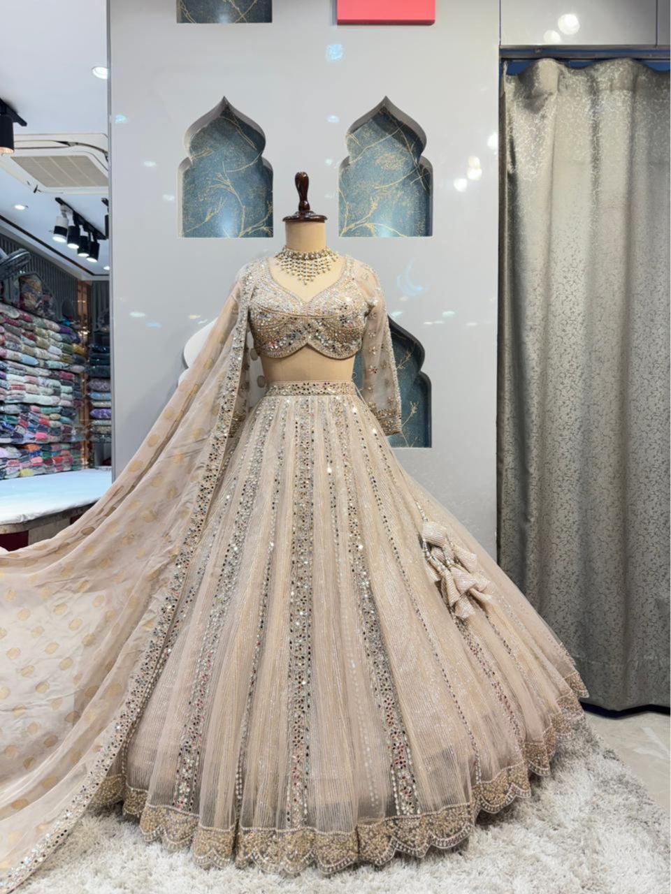 "CELESTIAL CHAMPAGNE MIRROR WORK LEHENGA"