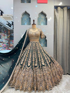 "EMERALD GREEN AND ANTIQUE GOLD EMBROIDERED LEHENGA"