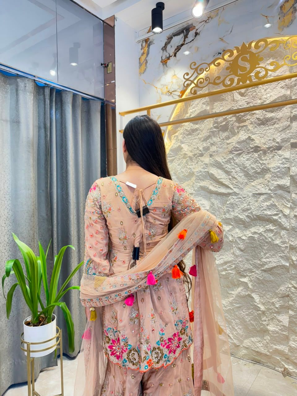 "PEACHY PARADISE FLORAL EMBROIDERED SHARARA"