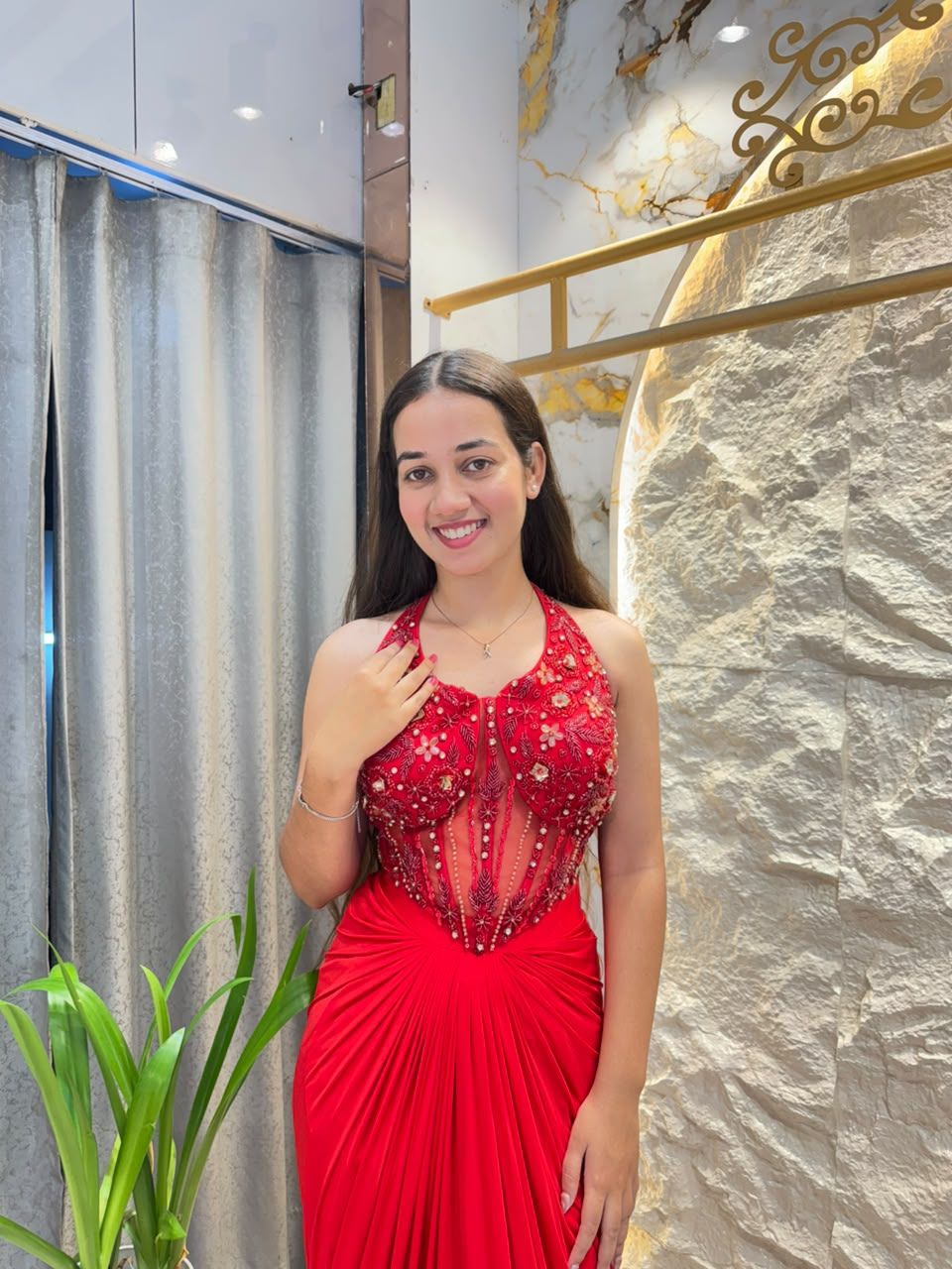 "RUBY RED EMBELLISHED DRAPED INDO-WESTERN"