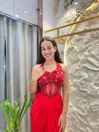 "RUBY RED EMBELLISHED DRAPED INDO-WESTERN"