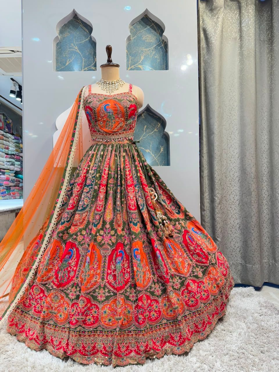 "PEACOCK ROYALE MULTICOLOUR EMBROIDERED LEHENGA"
