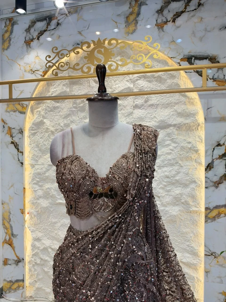 "ROYAL CHOCOLATE BROWN SEQUIN EMBELLISHED DRAPE SAREE"