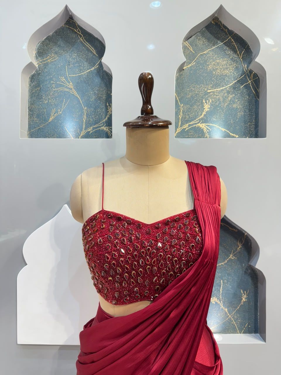 "WINE RED EMBELLISHED DRAPE SAREE"