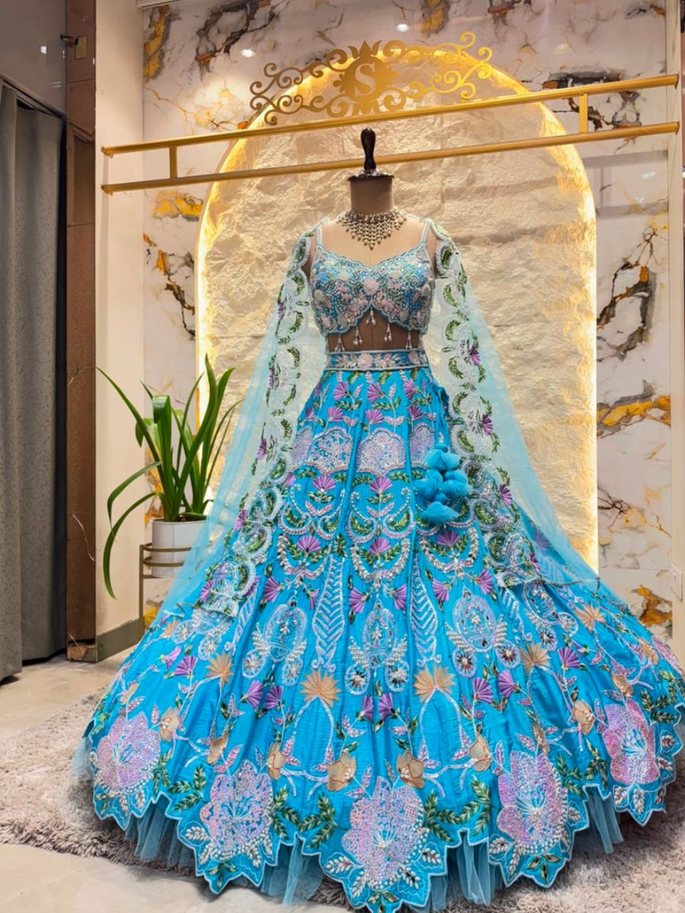 "SKY BLUE FLORAL EMBROIDERED LEHENGA"