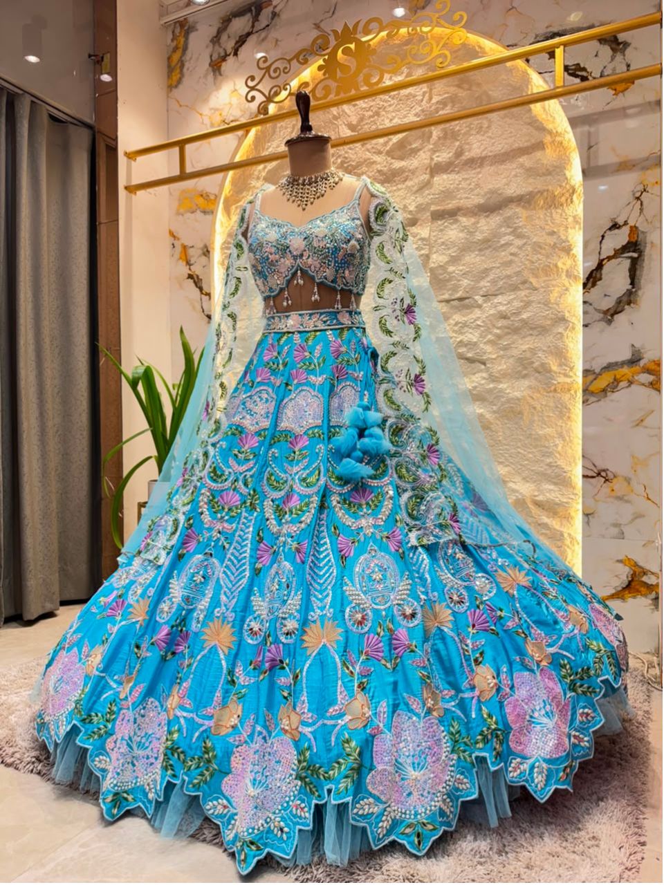 "SKY BLUE FLORAL EMBROIDERED LEHENGA"