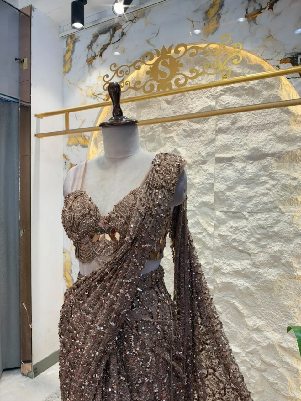 "ROYAL CHOCOLATE BROWN SEQUIN EMBELLISHED DRAPE SAREE"
