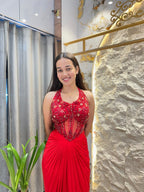 "RUBY RED EMBELLISHED DRAPED INDO-WESTERN"