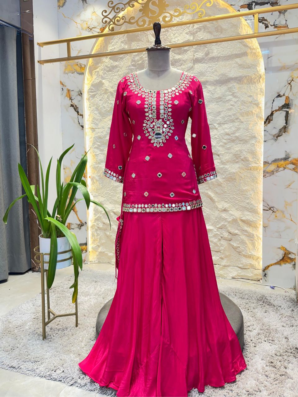 "RANI PINK MIRROR WORK SHARARA"
