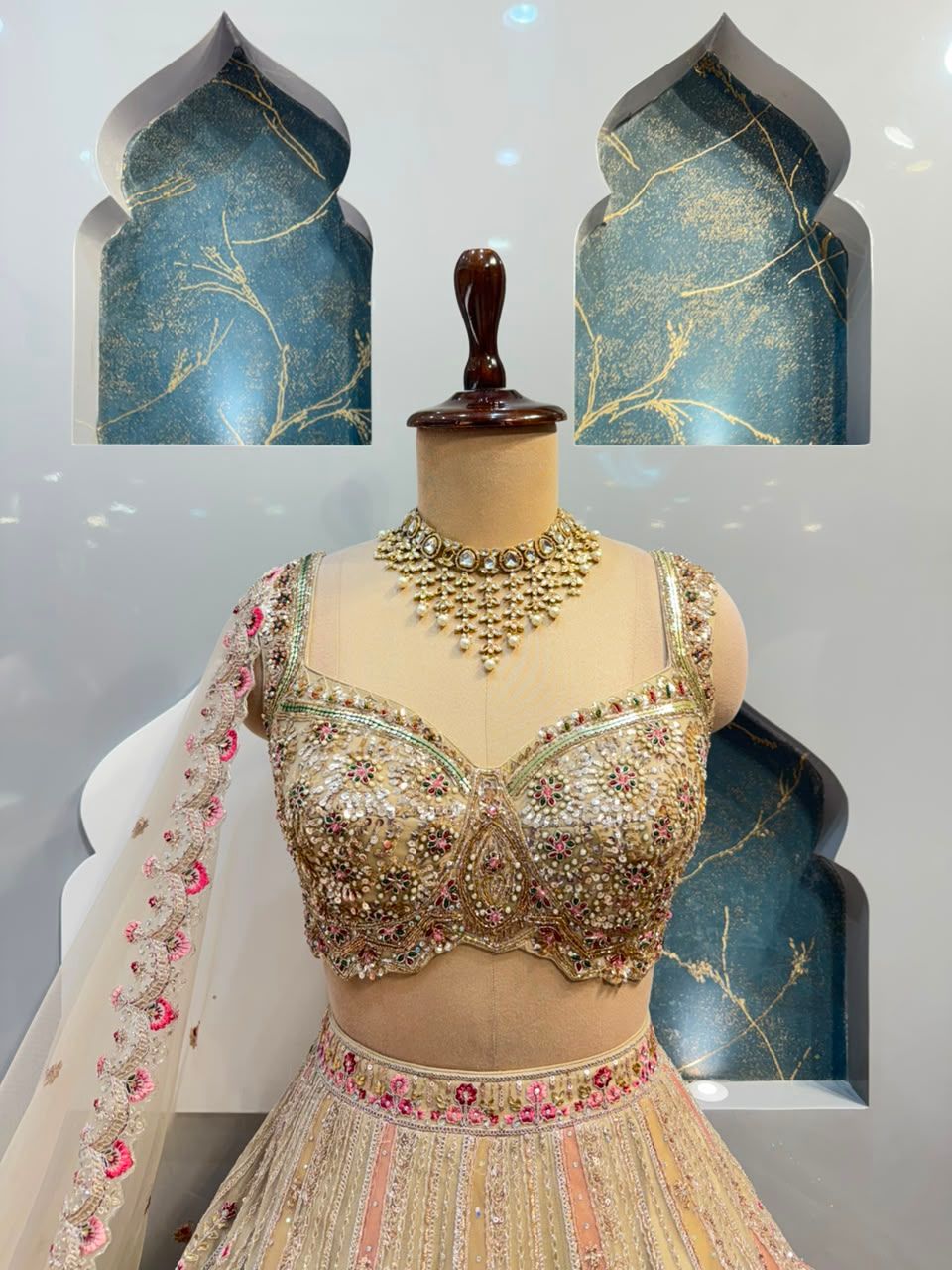 "BLUSH PEACH AND IVORY FLORAL EMBROIDERED LEHENGA"