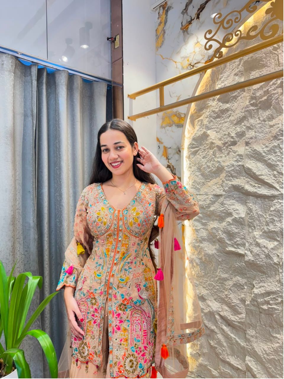 "PEACHY PARADISE FLORAL EMBROIDERED SHARARA"