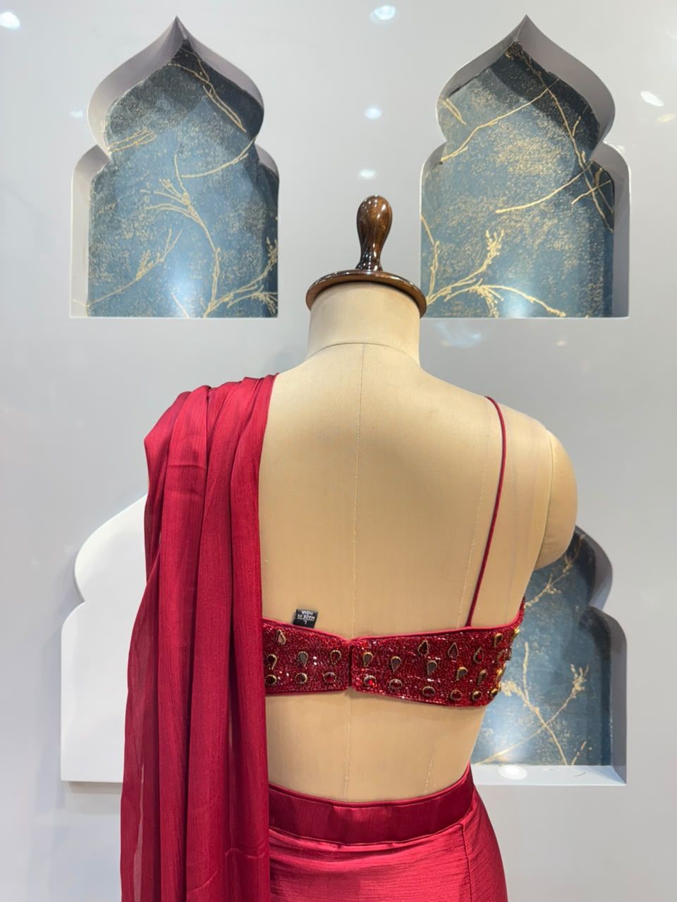 "WINE RED EMBELLISHED DRAPE SAREE"