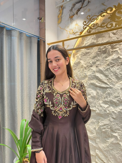 "ELEGANT CHOCOLATE BROWN EMBROIDERED SUIT"