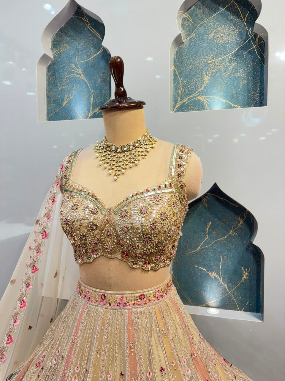 "BLUSH PEACH AND IVORY FLORAL EMBROIDERED LEHENGA"