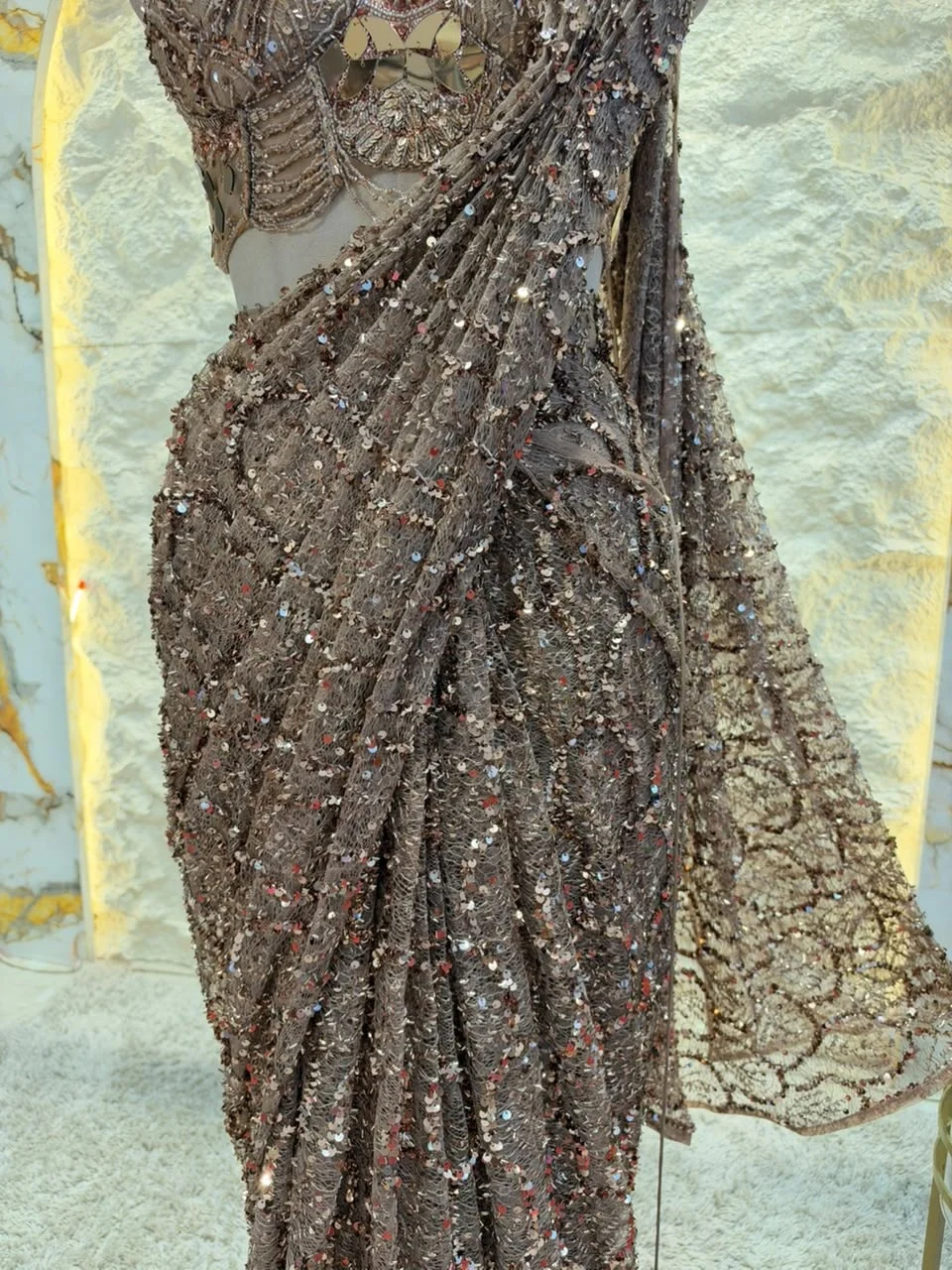 "ROYAL CHOCOLATE BROWN SEQUIN EMBELLISHED DRAPE SAREE"