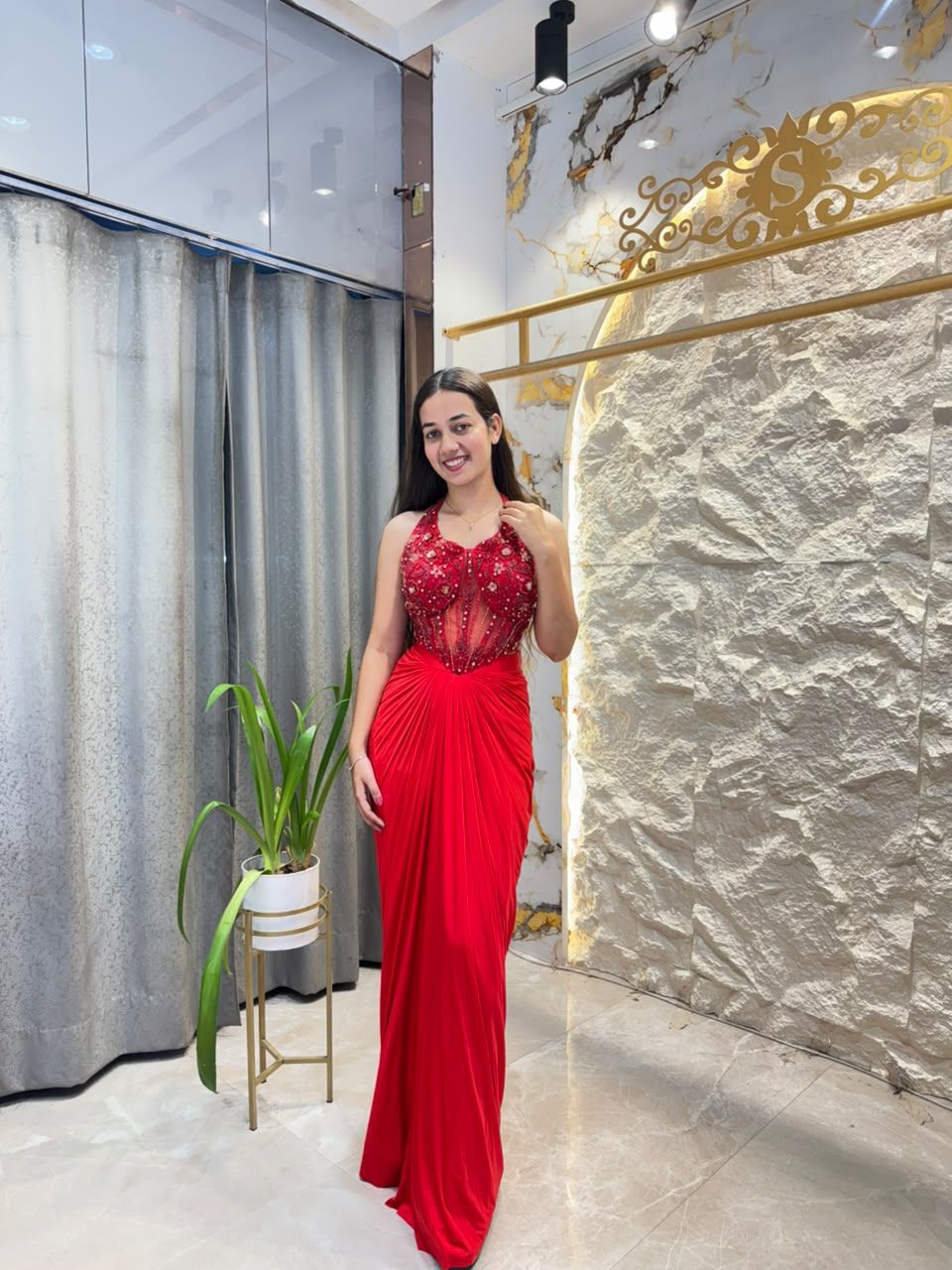 "RUBY RED EMBELLISHED DRAPED INDO-WESTERN"