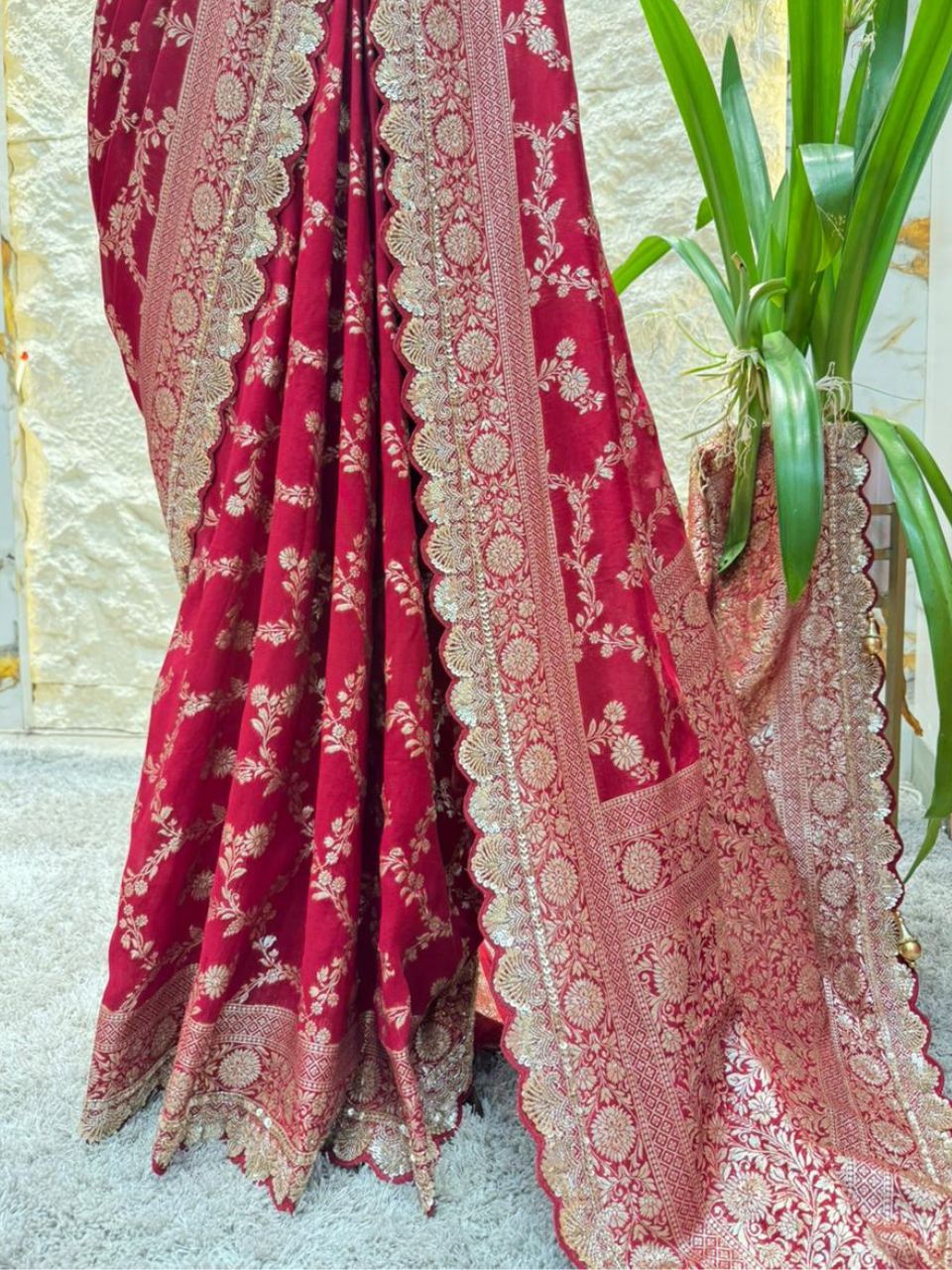 "RUBY RED EMBROIDERED SAREE"