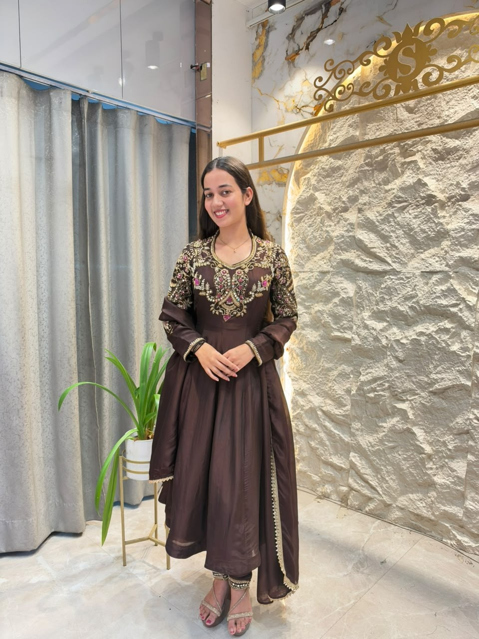 "ELEGANT CHOCOLATE BROWN EMBROIDERED SUIT"