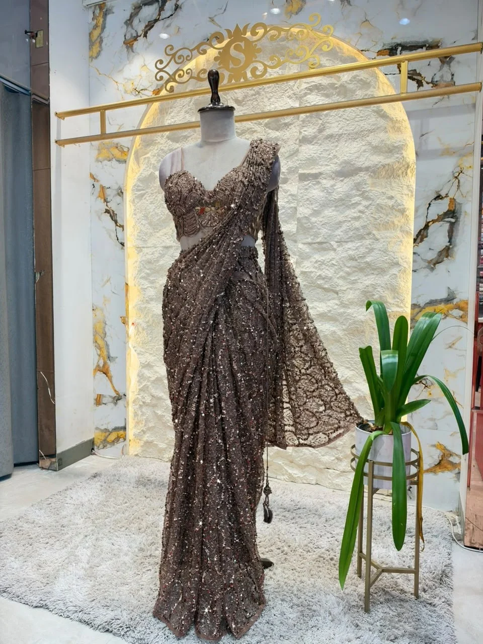 "ROYAL CHOCOLATE BROWN SEQUIN EMBELLISHED DRAPE SAREE"