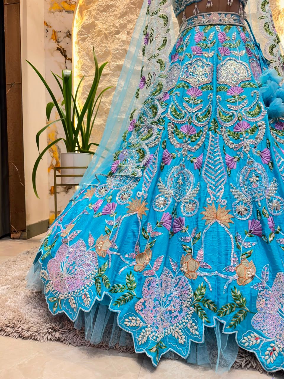"SKY BLUE FLORAL EMBROIDERED LEHENGA"