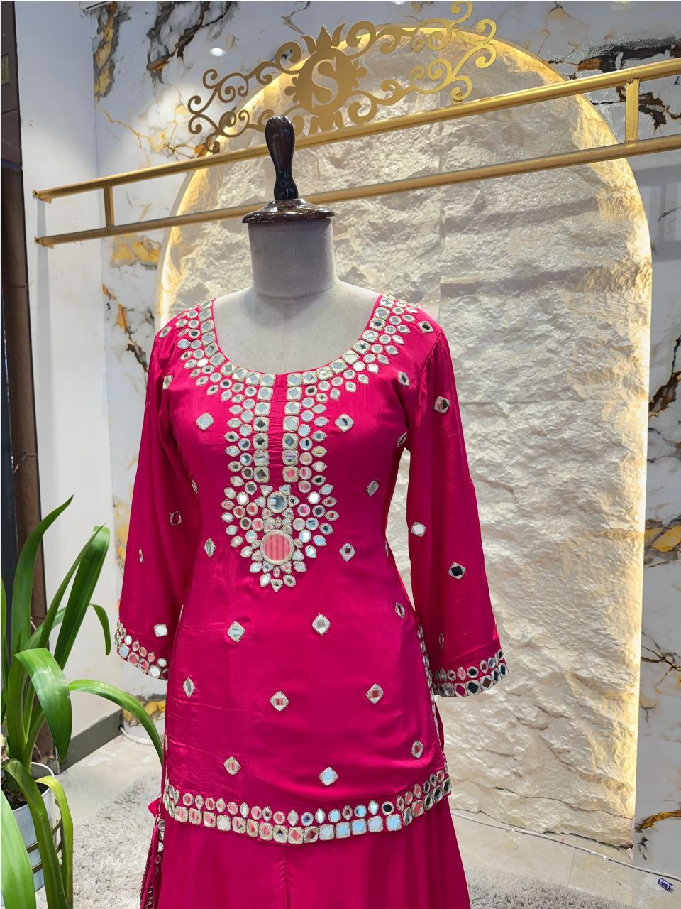 "RANI PINK MIRROR WORK SHARARA"