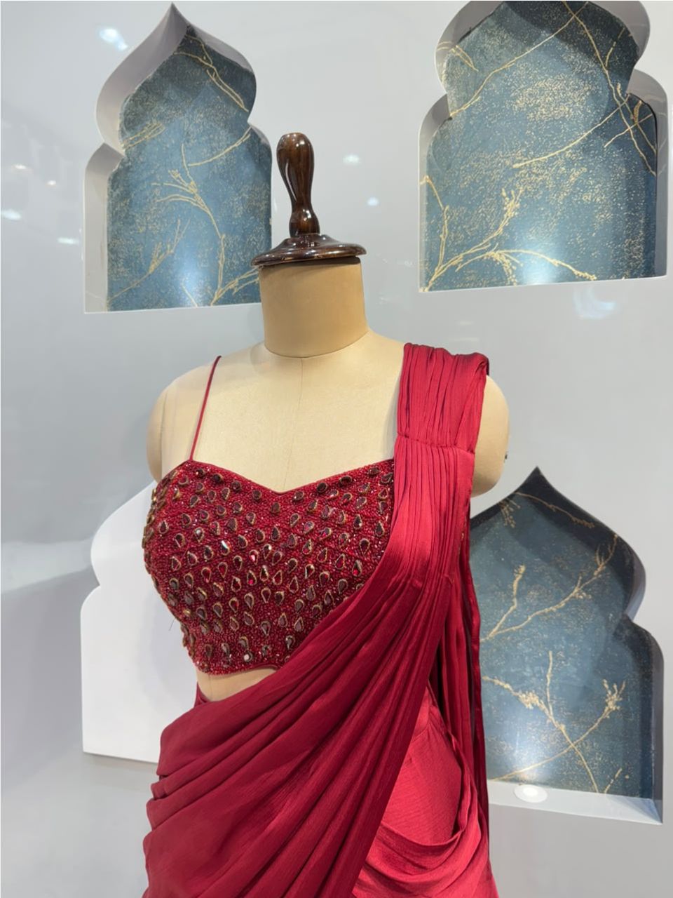 "WINE RED EMBELLISHED DRAPE SAREE"