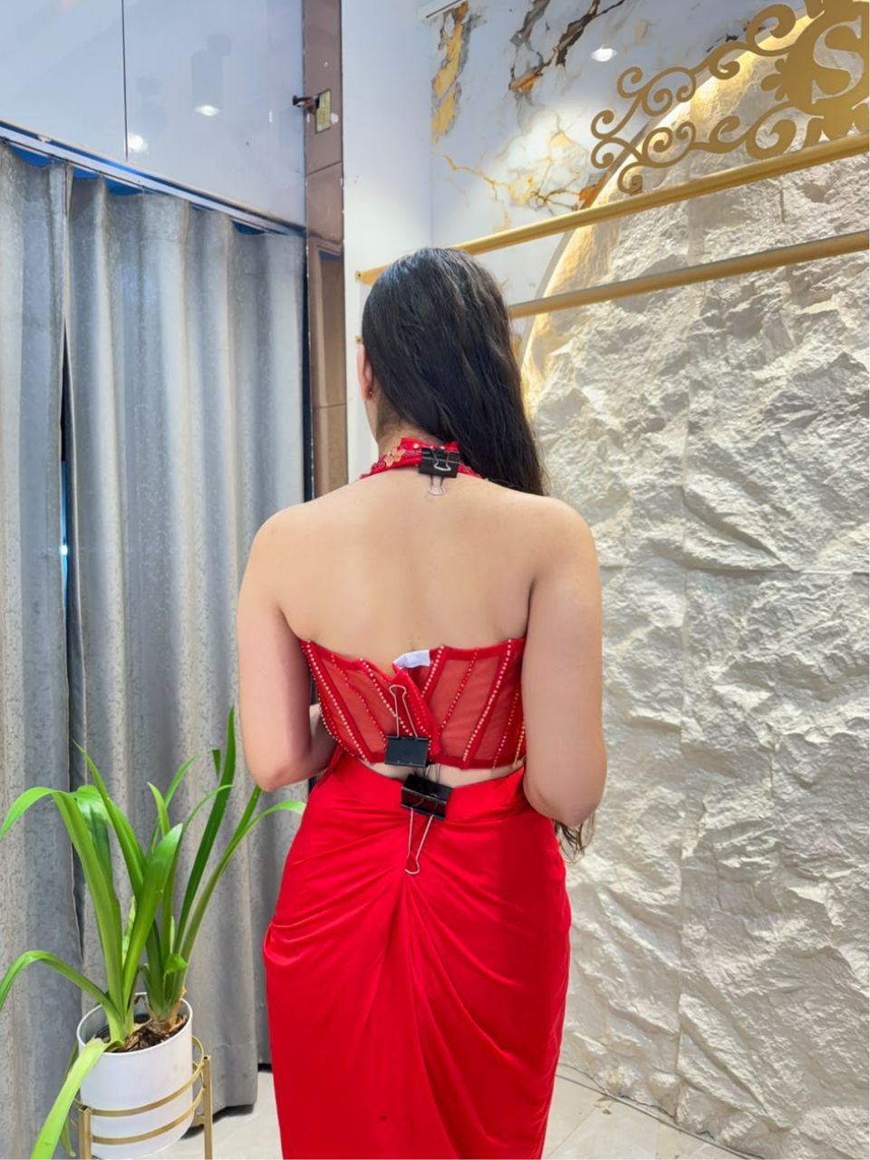 "RUBY RED EMBELLISHED DRAPED INDO-WESTERN"