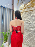 "RUBY RED EMBELLISHED DRAPED INDO-WESTERN"