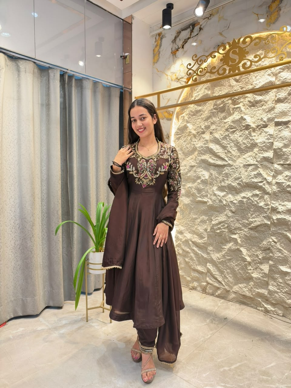 "ELEGANT CHOCOLATE BROWN EMBROIDERED SUIT"