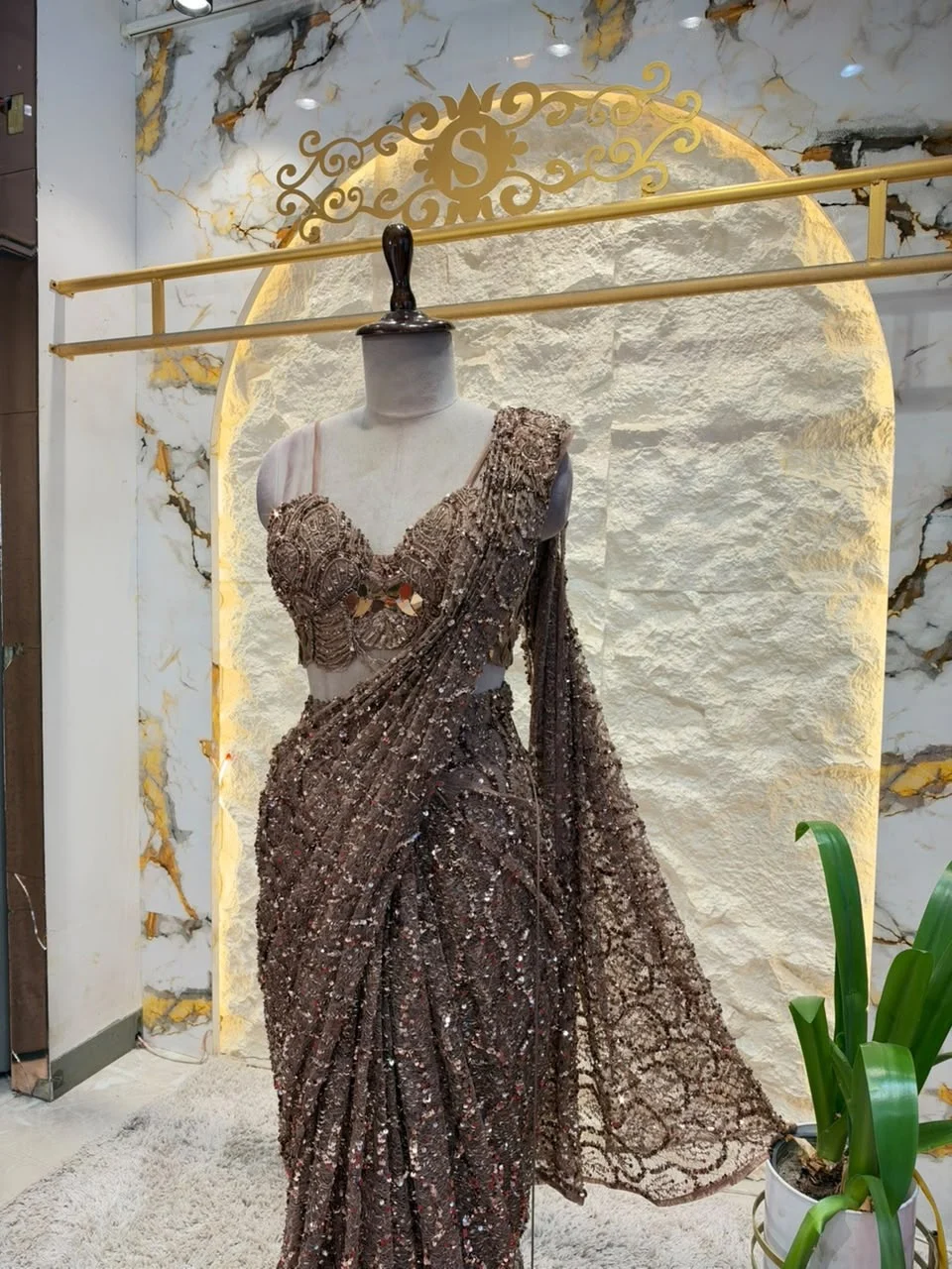 "ROYAL CHOCOLATE BROWN SEQUIN EMBELLISHED DRAPE SAREE"