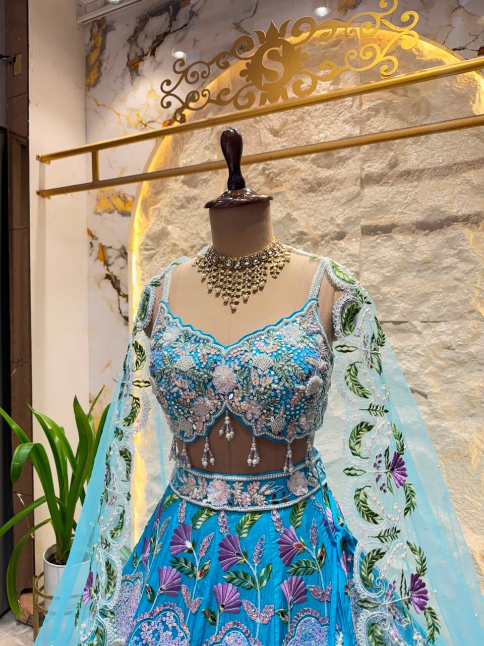 "SKY BLUE FLORAL EMBROIDERED LEHENGA"