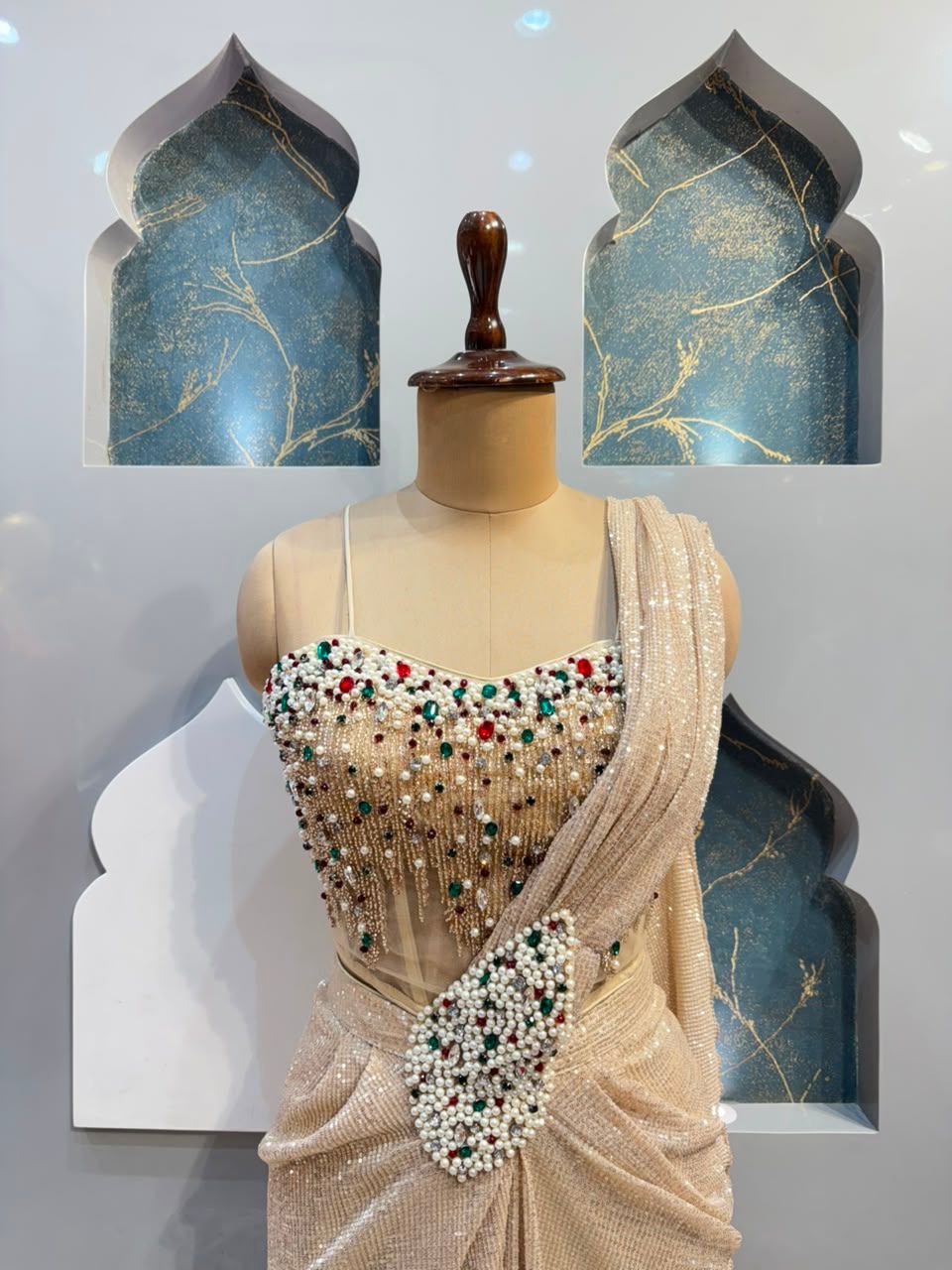 "CHAMPAGNE PEARL EMBELLISHED DRAPE SAREE"