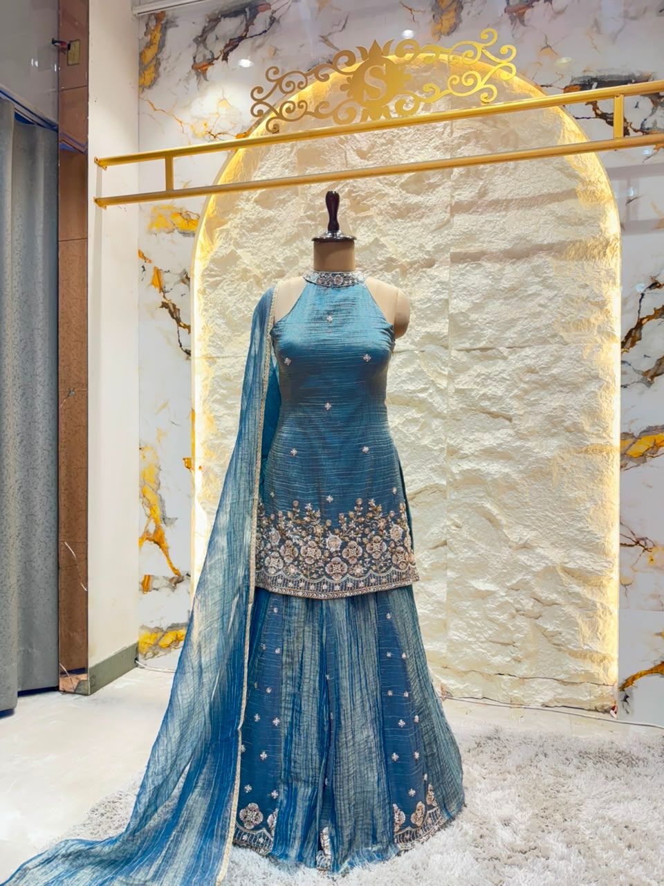 "MIDNIGHT BLUE FLORAL EMBROIDERED SHARARA"